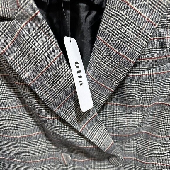 Olia Blazer Size S Black Red Plaid Double Breasted Covered‎ Button Suit Jacket - Picture 2 of 9